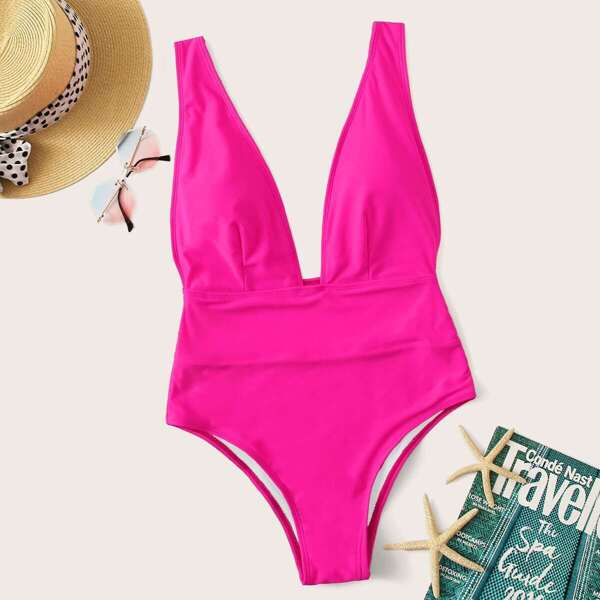 

Neon Hot Pink Plunge Neck One Piece Swimwear, Pink bright