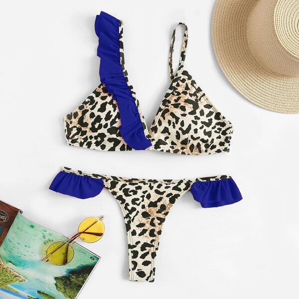 

Leopard Ruffle Triangle Top With Tanga Bikini Set