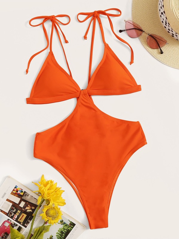 Cutout Waist Self Tie Shoulder Monokini, Orange