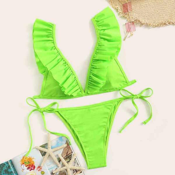 

Neon Green Ruffle Top With Tie Side Bikini, Green bright