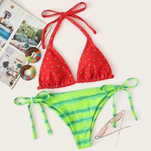 

Random Watermelon Print Triangle Top With Tie Side Bikini