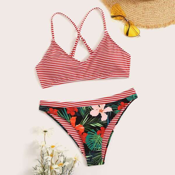 

Criss-cross Striped Top With Tropical Panty Bikini