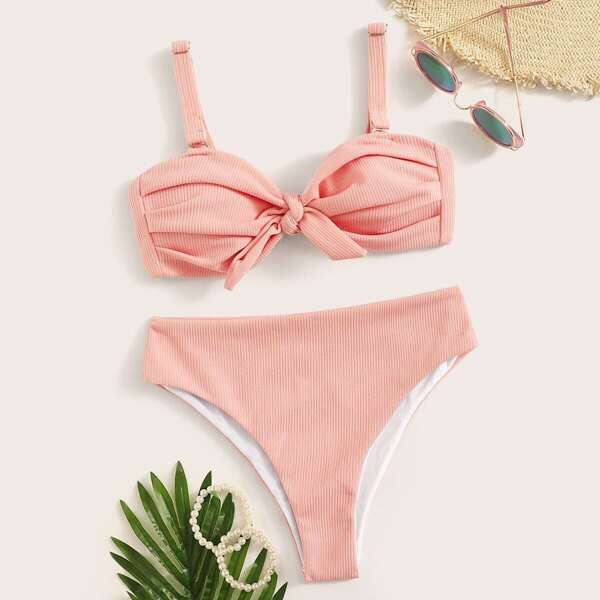 

Rib-Knit Tie Front Ruched Bikini Set, Pink pastel