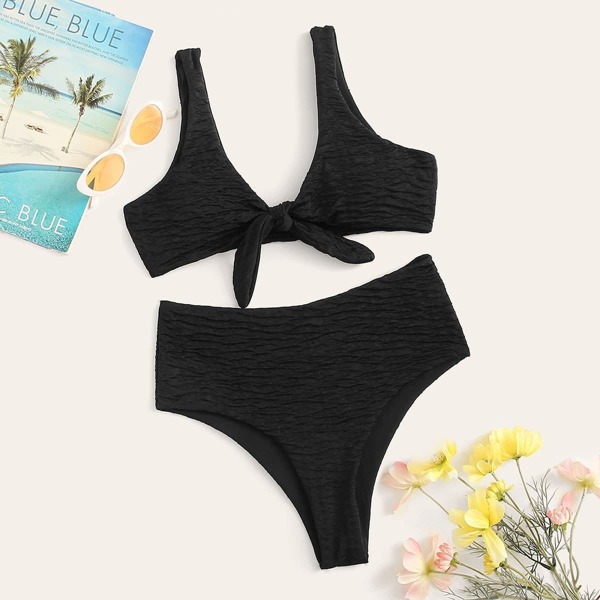 

Knot Front Textured Top With High Waist Bikini, Black
