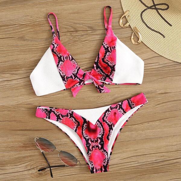 

Contrast Snakeskin Tie Front Bikini Set