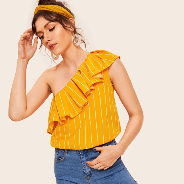 

Striped Ruffle Trim One Shoulder Blouse