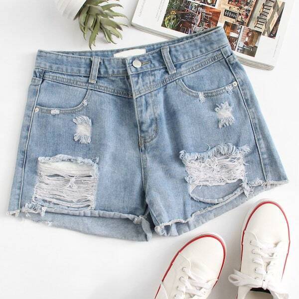 

Plus Ladder Distressed Denim Shorts, Blue