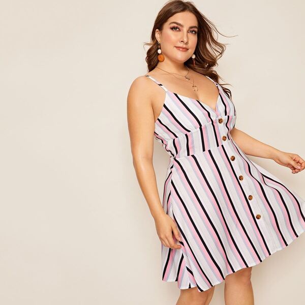 

Plus Button Striped Cami Dress, Multicolor