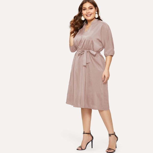 

Plus V-neck Self Tie Dress