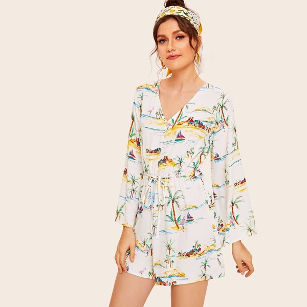 

Landscape Print Drawstring Waist Playsuit