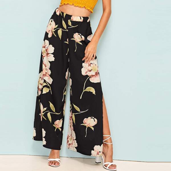 

Elastic Waist Floral Print Split Pants, Black