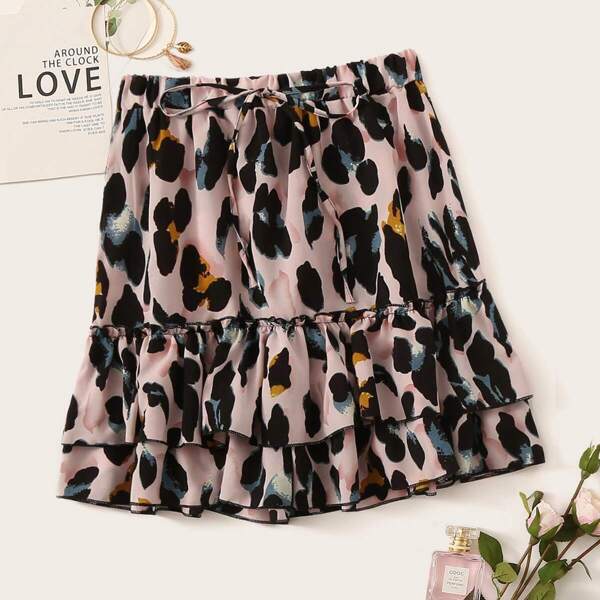 

Leopard Drawstring Waist Layer Ruffle Hem Skirt, Multicolor