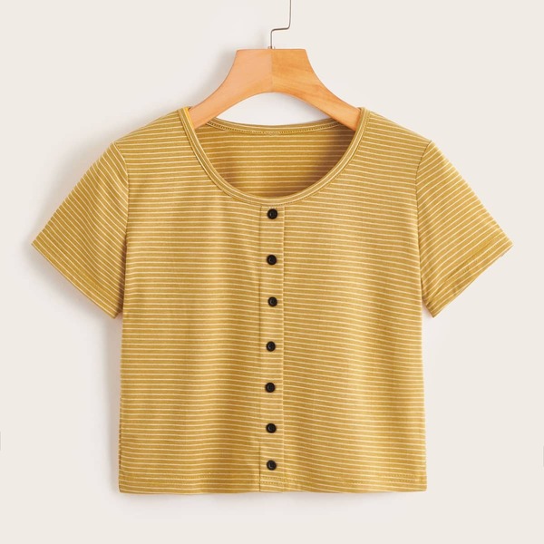 

Striped Button Front Tee, Yellow
