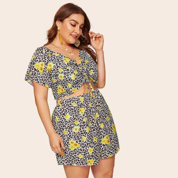 

Plus Floral Leopard Print Drawstring Top With Shorts