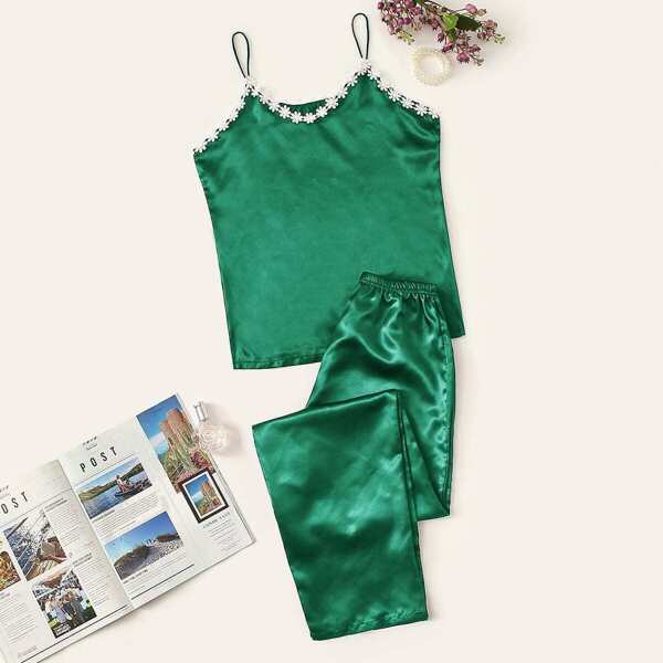 

Crochet Trim Satin Cami Pajama Set