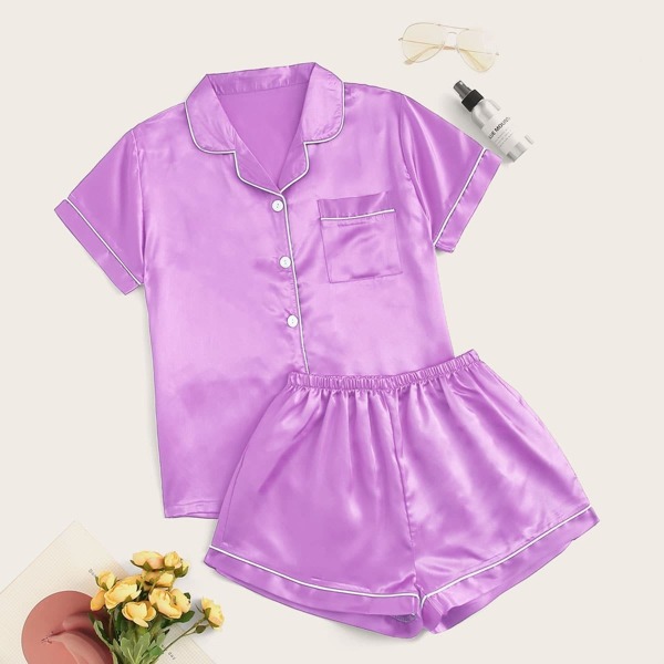 

Contrast Binding Satin Pajama Set