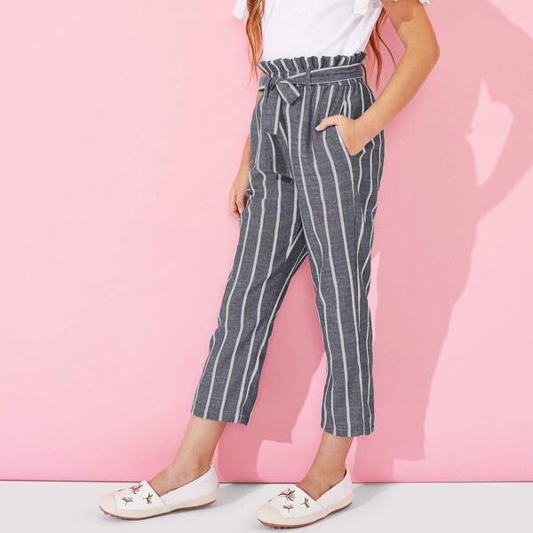 

Girls Waist Belted Striped Pants, Grey