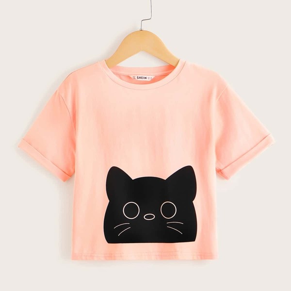 

Girls Cartoon Print Roll Tab Sleeve Top