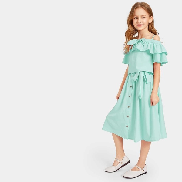 

Girls Ruffle Trim Cami Top & Buttoned Belted Skirt Set, Green pastel