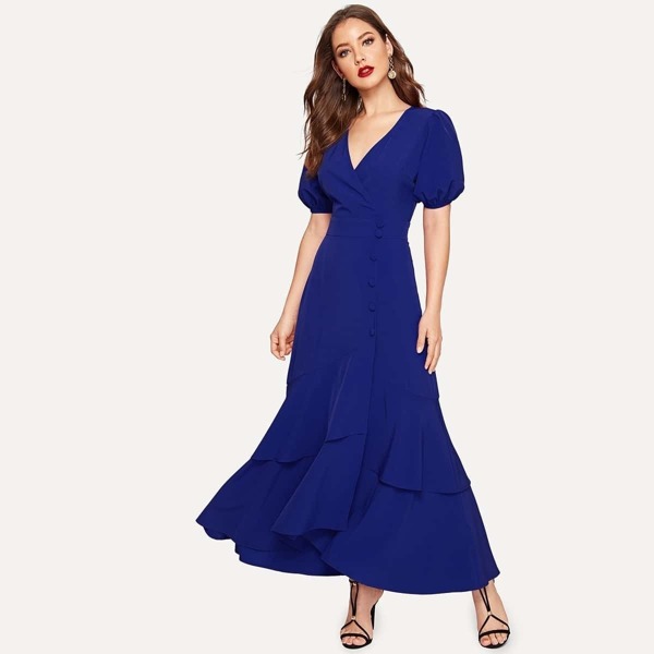 

Layered Ruffle Hem Puff Sleeve Hijab Dress, Blue