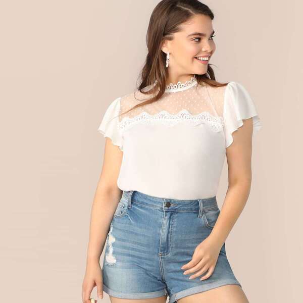 

Plus Lace Applique Mesh Yoke Ruffle Shoulder Blouse