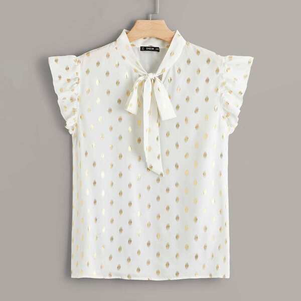 

Plus Tie Neck Ruffle Trim Gold Dot Print Blouse