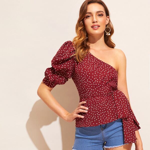 

One Shoulder Polka Dot Print Belted Top