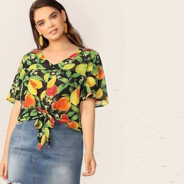 

Plus Fruit And Plants Print Tie Front Top, Multicolor