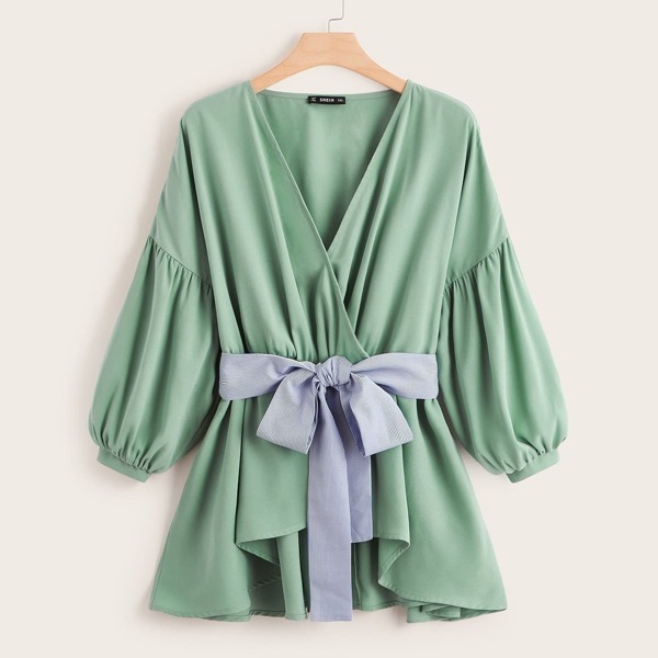 

Plus Surplice Neck Pinstripe Belted Blouse, Green