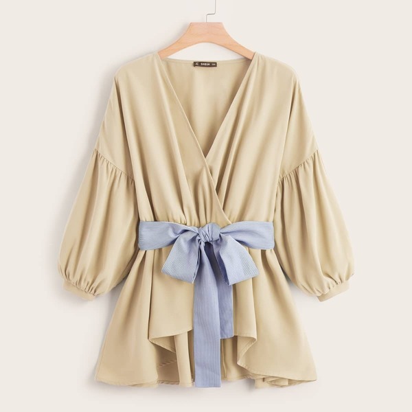 

Plus Surplice Neck Pinstripe Belted Blouse