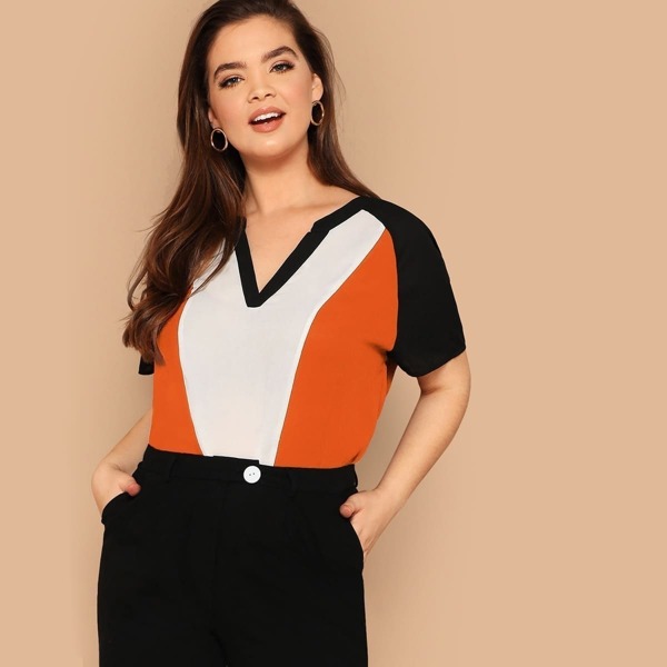 

Plus V-neck Colorblock Blouse