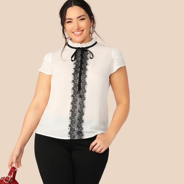 

Plus Lace Contrast Front Raglan Sleeve Blouse, White