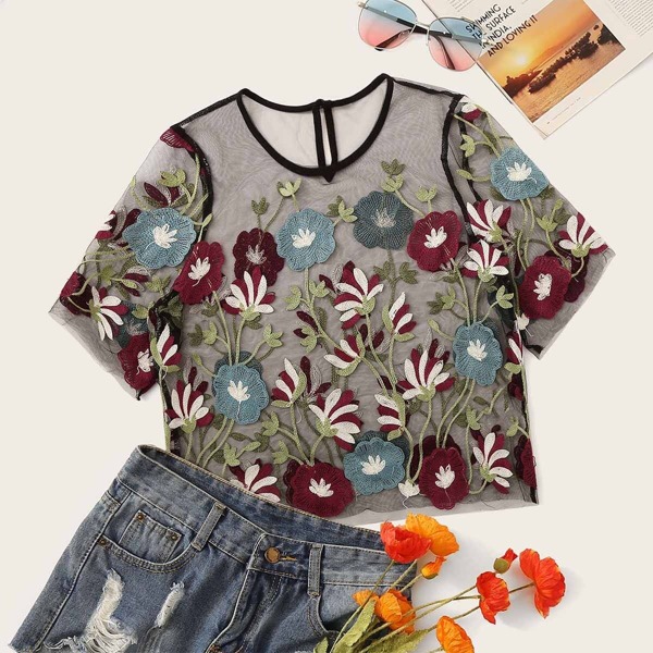 

Floral Embroidered Mesh Keyhole Back Top