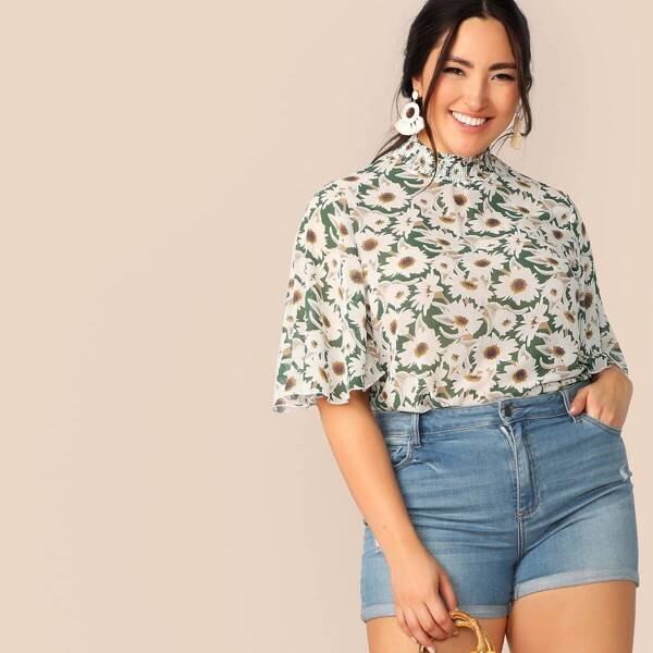 

Plus Floral Shirred Stand Neck Butterfly Sleeve Top, Multicolor