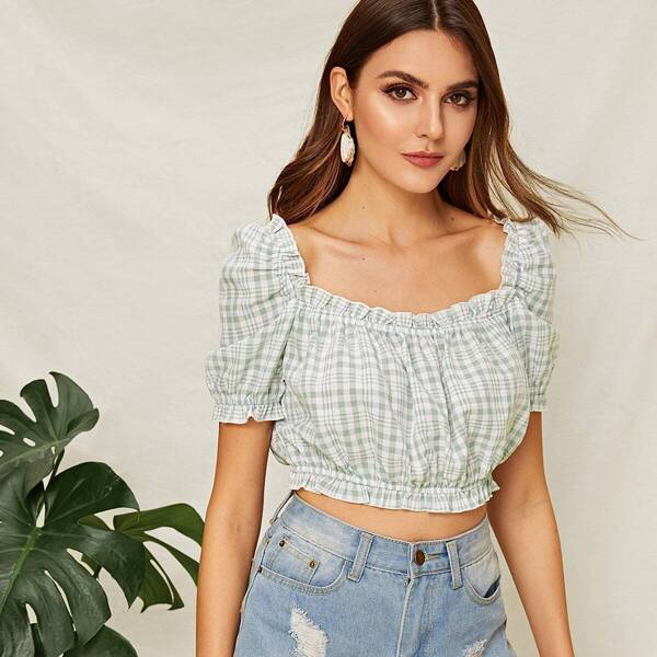 

Square Neck Frill Trim Gingham Crop Top, Green pastel