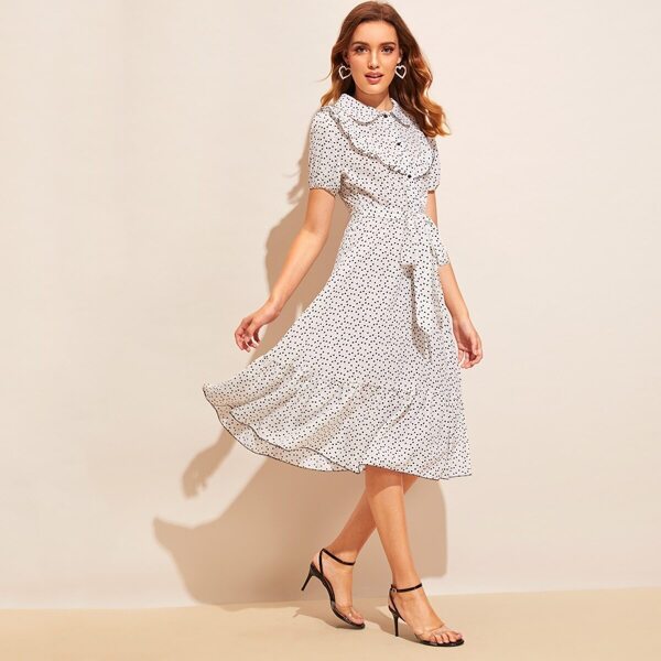 

Allover Heart Print Ruffle Hem Belted Dress