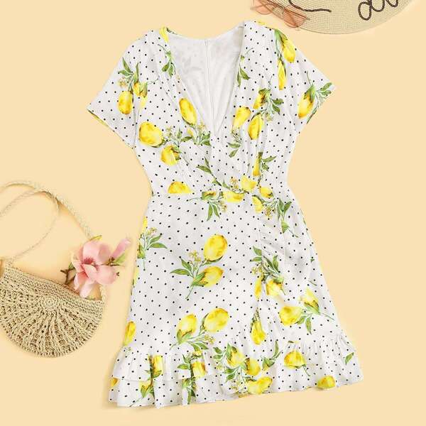 

Dot & Lemon Ruffle Trim Surplice Tea Dress, White
