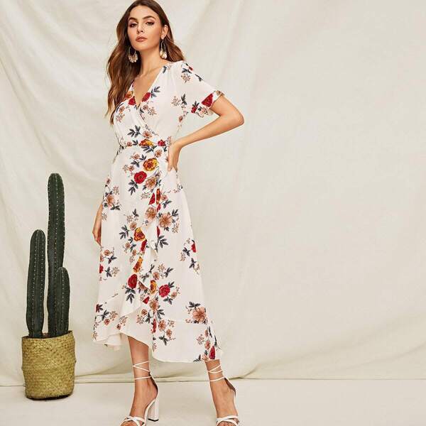 

Floral Print Ruffle Hem Surplice Dress