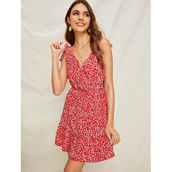 

Ruffle Hem Ditsy Floral Tie Strap Dress, Red