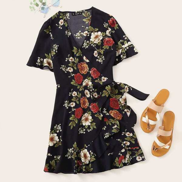 

Floral Print Ruffle Hem Wrap Knotted Dress