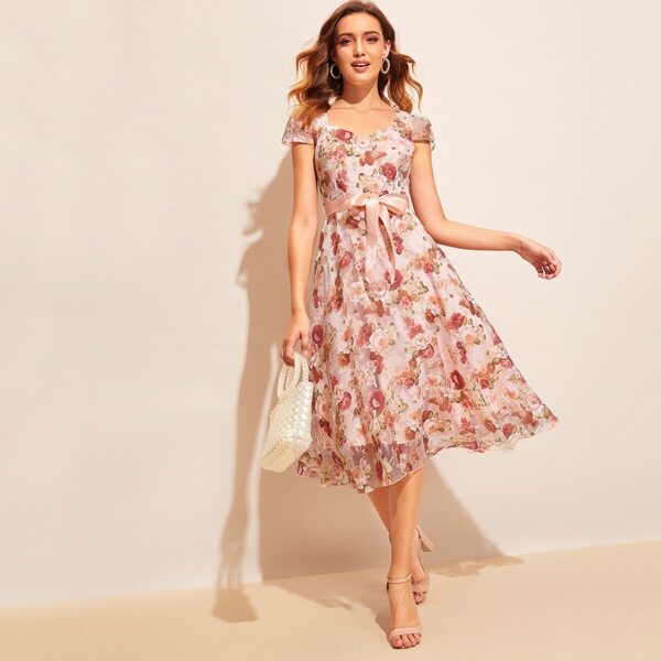 

Floral Print Mesh Overlay Belted Fit & Flare Dress, Multicolor