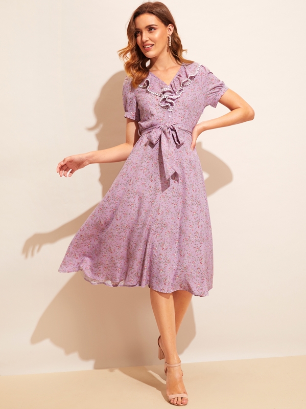 

Ditsy Floral Ruffle Trim Belted Midi Dress, Purple, Debora