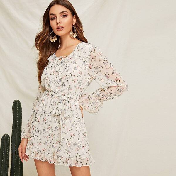 

Ditsy Floral Ruffle Hem Belted Romper