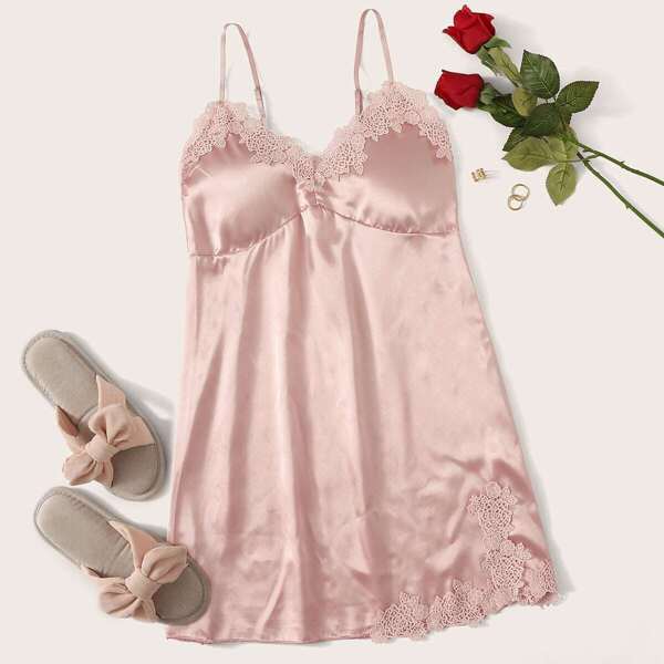 

Crochet Trim Satin Cami Dress