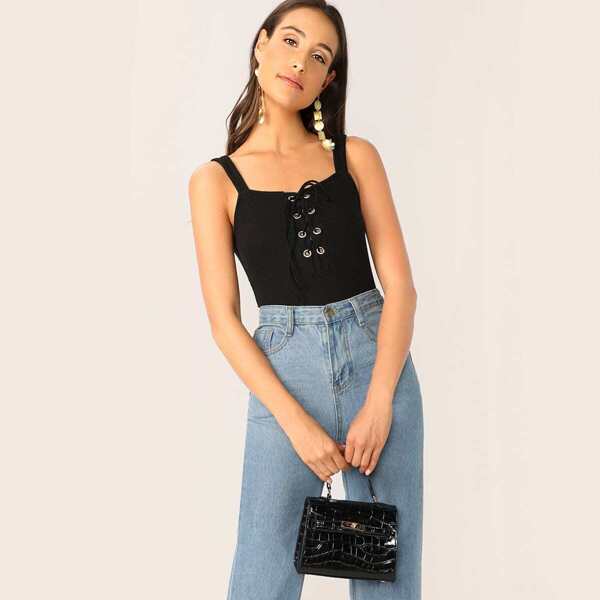 

Lace-up Neck Rib-knit Slim Fitted Bodysuit, Black