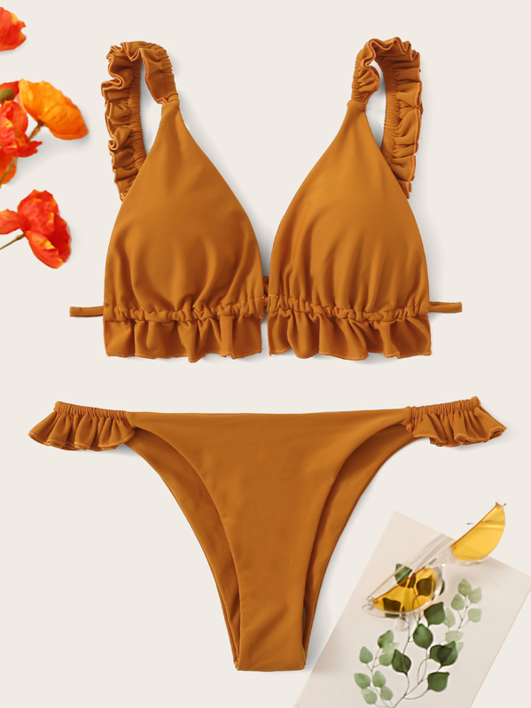 

Frill Top With Tanga Bottom Bikini Set, Brown