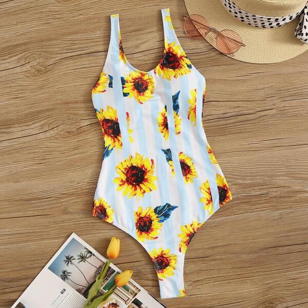 

Random Sunflower Print Low Back One Piece Swimsuit