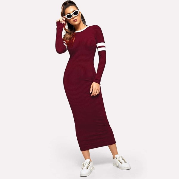 

Striped Detail Rib-knit Bodycon Dress, Burgundy