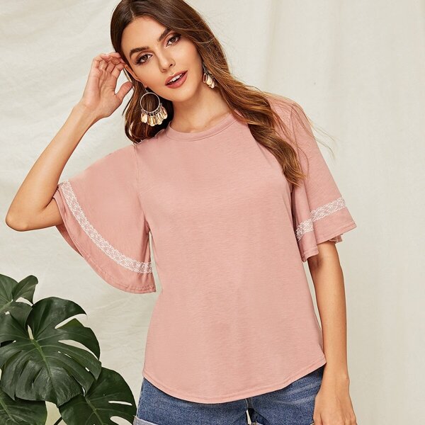 

Flutter Sleeve Lace Insert Tee