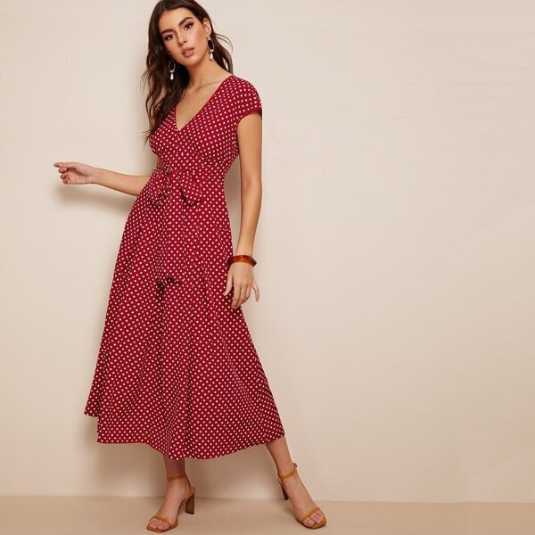 

Polka-dot Print Belted Fit & Flare Dress, Red